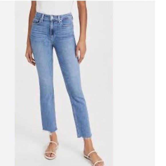 PAIGE Denim - Paige Cindy High Rise Straight Leg Jeans Medium Wash Raw Hem Blue Size 27